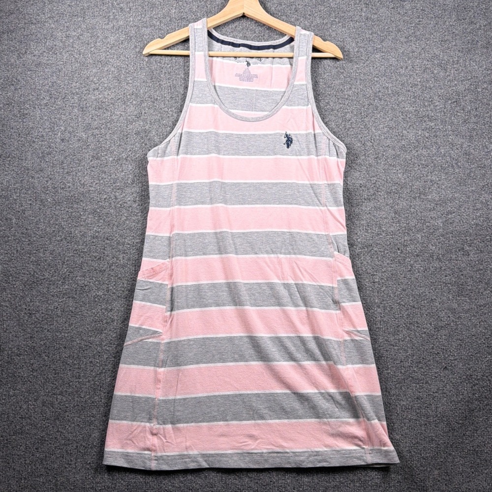 U.S. Polo Assn. Tank Dress Women Large Pink Grey Striped Pockets Sleeveless